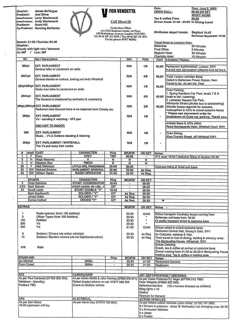 call sheet exmaple