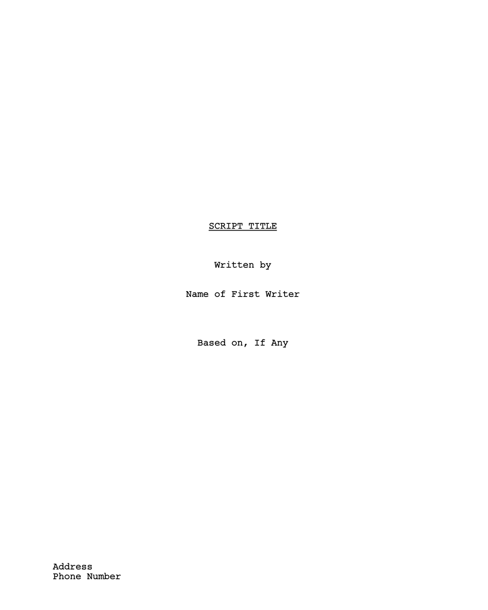 Blanks script. Screenplay title Page. Script title.