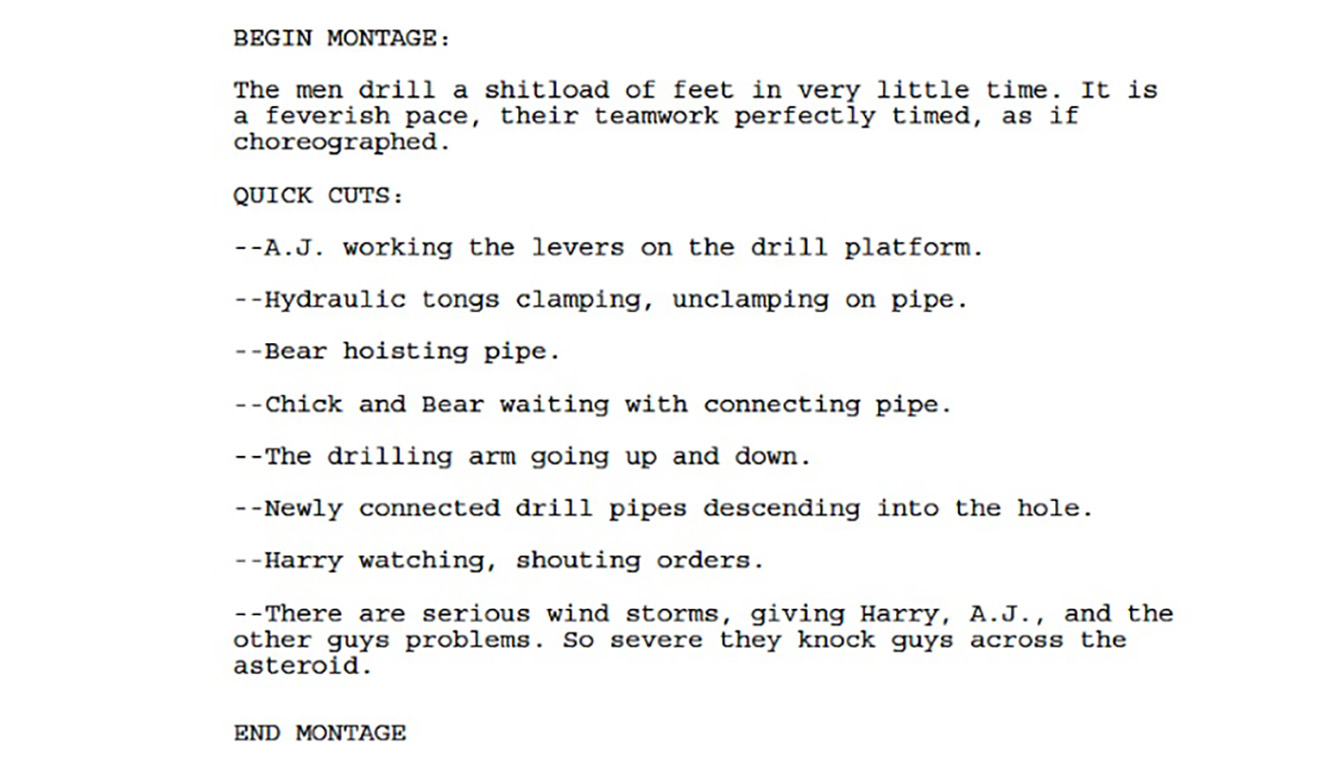 Example of Montage Sequence in Armageddon script